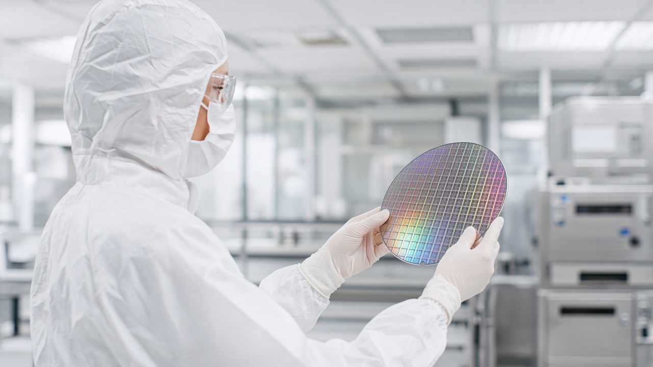 AI-generated illustration: cleanroom operator in gown holding a silicon wafer by its edges