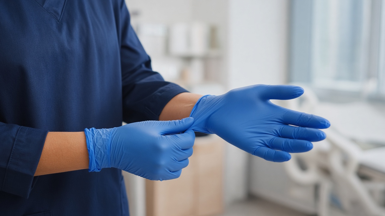 AI-generated illustration: hands putting on blue nitrile exam gloves