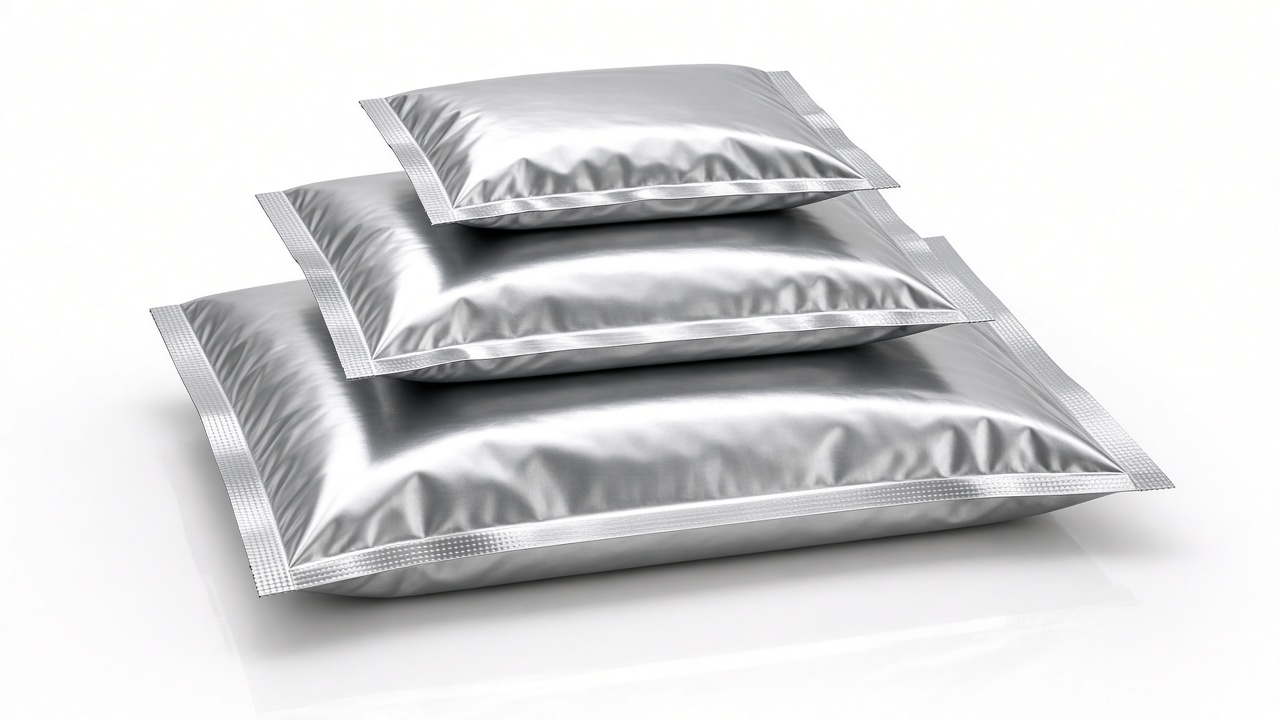AI-generated illustration: stack of silver metalized bags